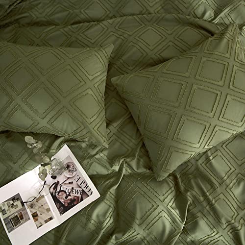 HYPREST Textured Duvet Cover, Green Duvet Covers QueenTufted Boho Style, Super Soft Breathable Bohemian Bedding Duvet Cover Set