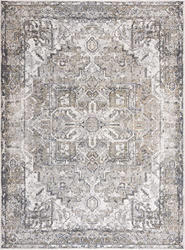 Hauteloom Hera Machine Washable Living Room Bedroom Area Rug - Pet Friendly - Vintage Distressed - Bohemian Oriental Persian Traditional Look - Olive Green, Grey, Beige - 7'10" x 10'2"