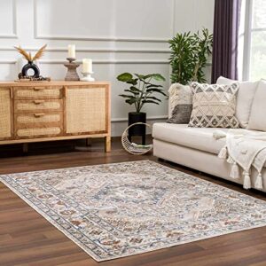 manhattan collection machine washable area rug for living room, bedroom - bohemian, retro vintage distressed - oriental persian medallion carpet -pet friendly- orange, blue, green, brown - 2'3" x 3'9"