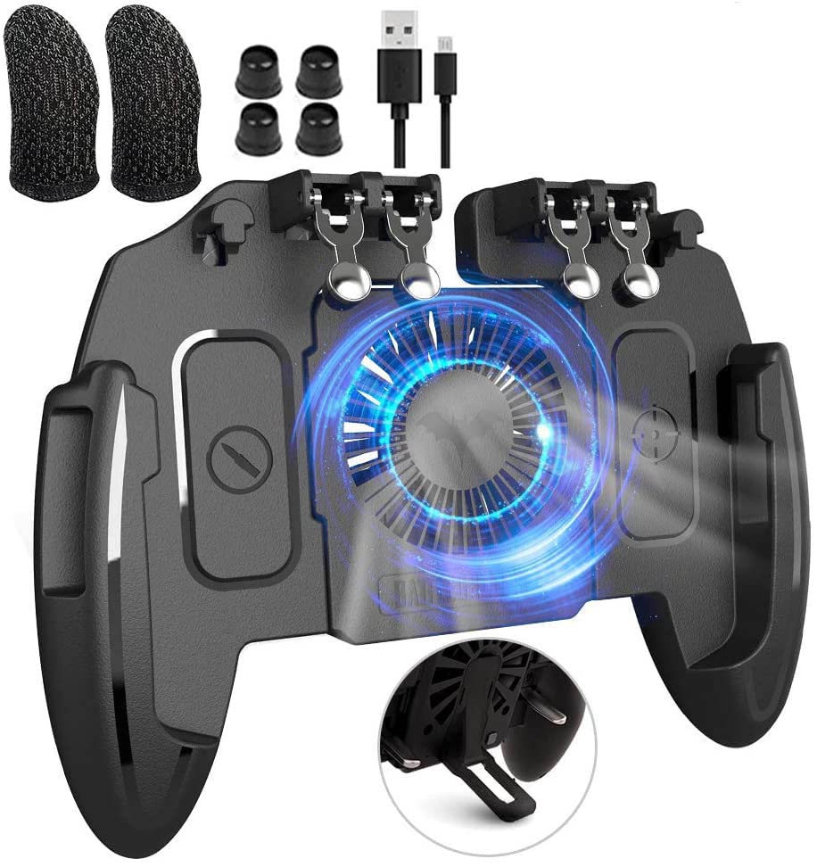 ZOMTOP Mobile Gaming Controller with Cooling Fan and 4 Triggers for 6-Finger Operation on 4.7-6.5" iOS and Android Phones - L1R1 L2R2 Gaming Grip Gamepad(With cooling fan)