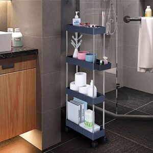 upvoted 4 tier rolling utility cart slide out mobile shelving unit slim storage organizer for kitchen, living room, laundry room, bathroom, with storage basket, gray
