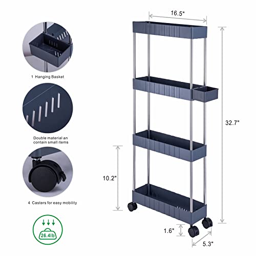 Upvoted 4 Tier Rolling Utility Cart Slide Out Mobile Shelving Unit Slim Storage Organizer for Kitchen, Living Room, Laundry Room, Bathroom, with Storage Basket, Gray