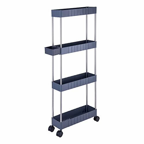 Upvoted 4 Tier Rolling Utility Cart Slide Out Mobile Shelving Unit Slim Storage Organizer for Kitchen, Living Room, Laundry Room, Bathroom, with Storage Basket, Gray