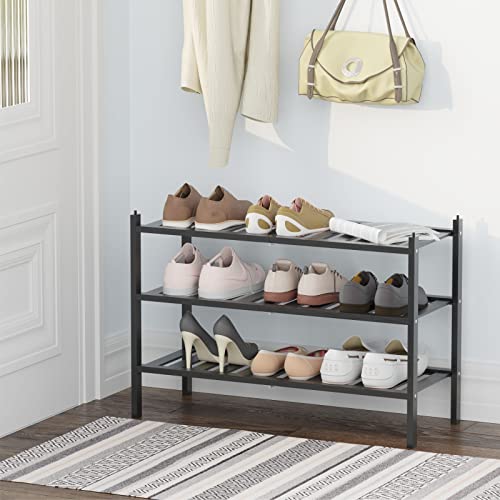 VERTORGAN Shoe Rack,3 Tier Bamboo Shoe Shelf Storage Organizer for Hallway, Entryway, Closet and Living Room (Black)