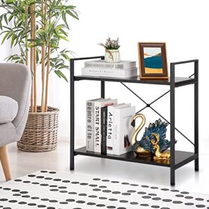 super deal 2 tier small bookshelf for small space,industrial shelving unit for bedroom, living room and home office, black