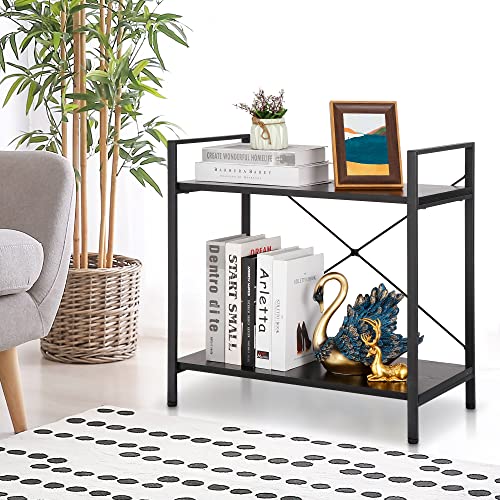 SUPER DEAL 2 Tier Small Bookshelf for Small Space,Industrial Shelving Unit for Bedroom, Living Room and Home Office, Black