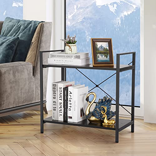 SUPER DEAL 2 Tier Small Bookshelf for Small Space,Industrial Shelving Unit for Bedroom, Living Room and Home Office, Black