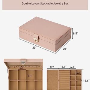 Vlando Jewelry Box for Women Girls 2 Layer Large Jewelry Organizer Storage Case PU Leather Jewellery Stackable Tray for Necklace Earrings Rings Bracelets Home Decor Gifts Beige