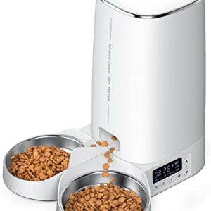 ROJECO Automatic Cat Feeders for 2 Cats, 4L Cat Dry Food Dispenser with Double Bowls, 1-4 Meals and 1-60 Portion Programmable, Dual Power Supply and Low Food Alarms, Timed Pet Feeder for Cats and Dogs