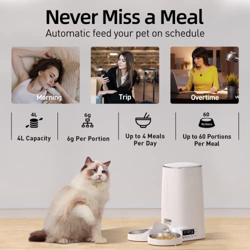 ROJECO Automatic Cat Feeders for 2 Cats, 4L Cat Dry Food Dispenser with Double Bowls, 1-4 Meals and 1-60 Portion Programmable, Dual Power Supply and Low Food Alarms, Timed Pet Feeder for Cats and Dogs