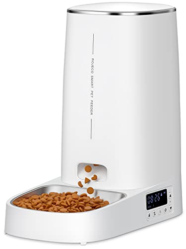 ROJECO Automatic Cat Feeders, 4L Cat Food Dispenser with Meals and Portion Programmable，Detachable Body Design for Cleaning, Dual Power Supply and Low Food Alarms, Auto Timed Feeder for Cats and Dogs