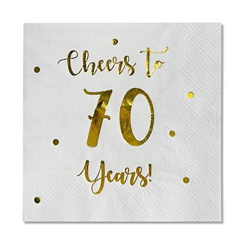 Cheers to 70 Years Cocktail Napkins | Happy 70th Birthday Decorations for Men and Women and Wedding Anniversary Party Decorations | 50-Pack 3-Ply Napkins | 5 x 5 inch folded (White)