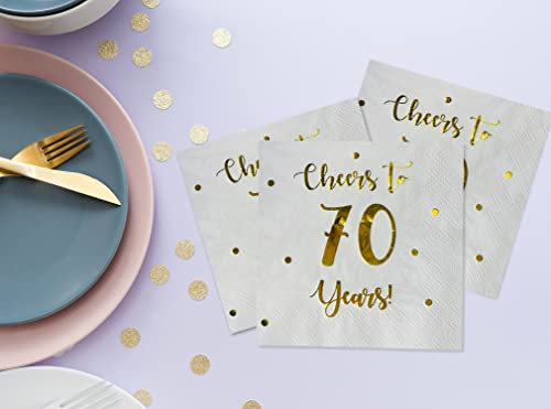 Cheers to 70 Years Cocktail Napkins | Happy 70th Birthday Decorations for Men and Women and Wedding Anniversary Party Decorations | 50-Pack 3-Ply Napkins | 5 x 5 inch folded (White)