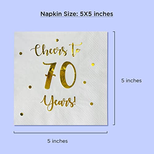 Cheers to 70 Years Cocktail Napkins | Happy 70th Birthday Decorations for Men and Women and Wedding Anniversary Party Decorations | 50-Pack 3-Ply Napkins | 5 x 5 inch folded (White)