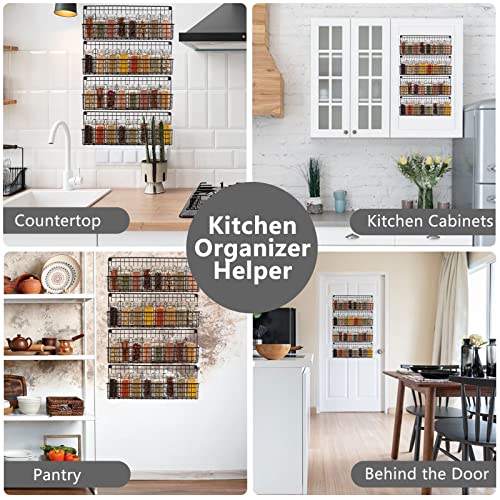 Hanging Spice Racks with Jars, 4-Tier Wall Mounted Metal Spice Racks with 32 Pcs 4oz Glass Spice Jars, Easy To Install Space Saving Organizer Shelf with Seasoning Bottles For Your Kitchen and Pantry
