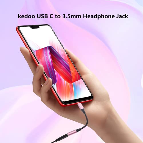 Kedoo USB C to 3.5mm Female Headphone Jack Adapter (2 Pack), Type C to Aux Audio Dongle Cable Cord Hi-Fi DAC Chip for Samsung Galaxy S22 S21+, S9 Note10 Plus, Pixel 5 4 3 XL(Black+Rose Gold)