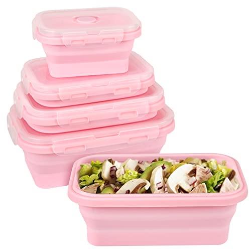 Keweis Silicone Food Storage Containers with Lids, Collapsible Silicone Lunch Box Bento Boxes, Meal Prep Container for Kitchen, BPA Free, Microwave Freezer and Dishwasher Safe, Set of 4 - Square Pink