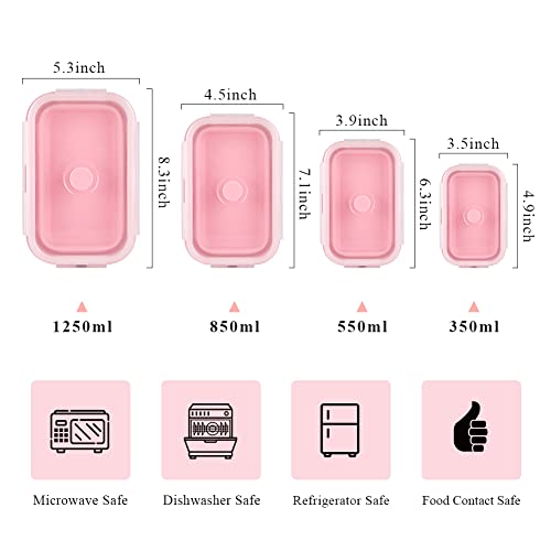 Keweis Silicone Food Storage Containers with Lids, Collapsible Silicone Lunch Box Bento Boxes, Meal Prep Container for Kitchen, BPA Free, Microwave Freezer and Dishwasher Safe, Set of 4 - Square Pink