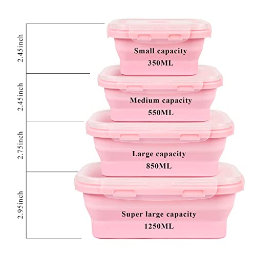 Keweis Silicone Food Storage Containers with Lids, Collapsible Silicone Lunch Box Bento Boxes, Meal Prep Container for Kitchen, BPA Free, Microwave Freezer and Dishwasher Safe, Set of 4 - Square Pink