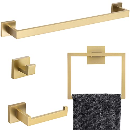 Brushed Gold Bathroom Towel Bar Sets Premium Stainless Steel 4-Piece Bathroom Hardware Set Wall Mounted Square Bathroom Accessories Kit