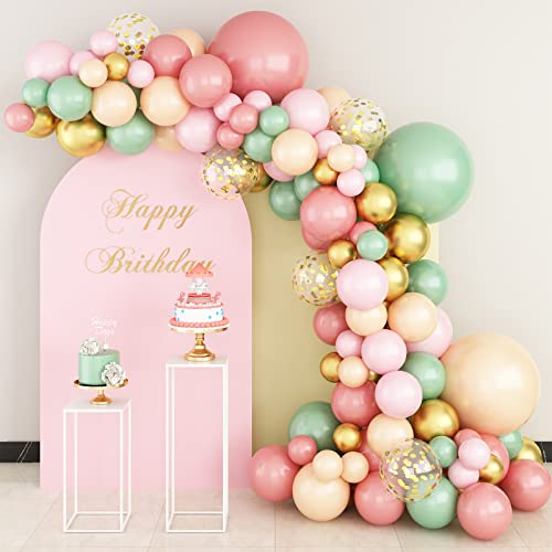 Sage Green Pink Balloon Garland Arch Kit, 116Pcs Retro Pink Apricot Metallic Gold and Confetti Balloons for Baby Shower Wedding Birthday Graduation Anniversary Party Decorations