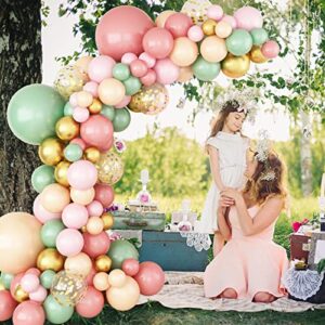 Sage Green Pink Balloon Garland Arch Kit, 116Pcs Retro Pink Apricot Metallic Gold and Confetti Balloons for Baby Shower Wedding Birthday Graduation Anniversary Party Decorations