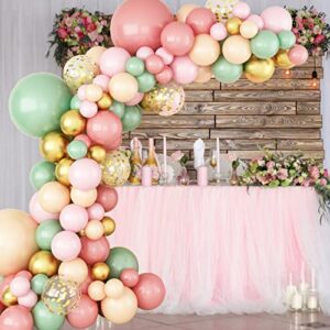 Sage Green Pink Balloon Garland Arch Kit, 116Pcs Retro Pink Apricot Metallic Gold and Confetti Balloons for Baby Shower Wedding Birthday Graduation Anniversary Party Decorations