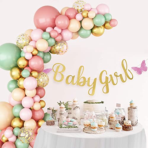 Sage Green Pink Balloon Garland Arch Kit, 116Pcs Retro Pink Apricot Metallic Gold and Confetti Balloons for Baby Shower Wedding Birthday Graduation Anniversary Party Decorations