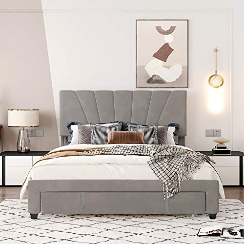 PHOYAL Storage Bed, Queen Size Storage Bed Frame Velvet Upholstered Platform with a Big Drawer Comfortable Sleep 62.99 24.80 5.12 inche Frame is Made of Solid MDF and Particle Board, Grey