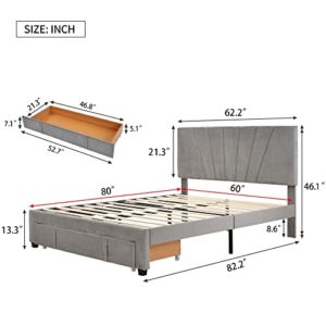 PHOYAL Storage Bed, Queen Size Storage Bed Frame Velvet Upholstered Platform with a Big Drawer Comfortable Sleep 62.99 24.80 5.12 inche Frame is Made of Solid MDF and Particle Board, Grey