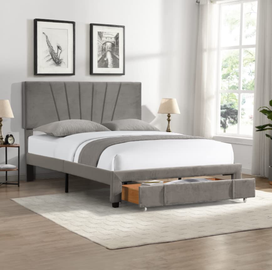 PHOYAL Storage Bed, Queen Size Storage Bed Frame Velvet Upholstered Platform with a Big Drawer Comfortable Sleep 62.99 24.80 5.12 inche Frame is Made of Solid MDF and Particle Board, Grey