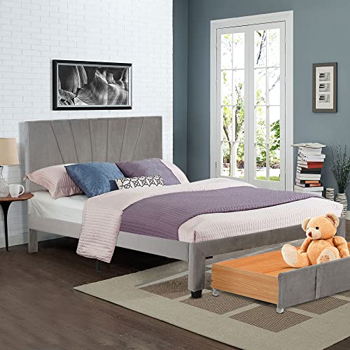 PHOYAL Storage Bed, Queen Size Storage Bed Frame Velvet Upholstered Platform with a Big Drawer Comfortable Sleep 62.99 24.80 5.12 inche Frame is Made of Solid MDF and Particle Board, Grey