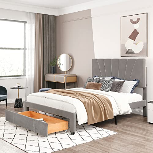 PHOYAL Storage Bed, Queen Size Storage Bed Frame Velvet Upholstered Platform with a Big Drawer Comfortable Sleep 62.99 24.80 5.12 inche Frame is Made of Solid MDF and Particle Board, Grey