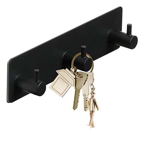 ArtHue Key Holder for Wall, Self Adhesive Key Rack Key Hooks for Keys and Masks to Hang, Easy Mount Key Hanger for Wall, Entryway, Bathroom, Kitchen, Office, Stainless Steel~3 Hooks (Black)