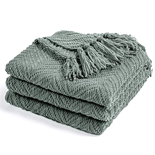 RECYCO Chenille Knit Throw Blanket for Couch, Versatile Decorative Woven Knit Chenille Blanket for Bed, Super Soft Warm & Cozy Knitted Throw Blanket with Tassels for Sofa, Chair. Sage Green, 50"x60"