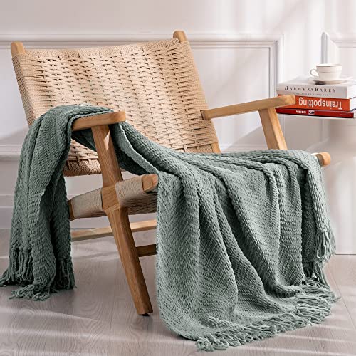 RECYCO Chenille Knit Throw Blanket for Couch, Versatile Decorative Woven Knit Chenille Blanket for Bed, Super Soft Warm & Cozy Knitted Throw Blanket with Tassels for Sofa, Chair. Sage Green, 50"x60"