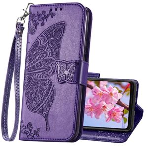 designed for moto g power 2022 case wallet,women flip cover with butterfly embossed pu leather kickstand credit card holder slots magnetic wrist strap purse for motorola moto g power (purple)