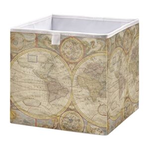 vintage retro world map collapsible fabric storage cubes bins with handles square closet organizer waterproof lining for shelves cabinet nursery drawer 11.02x11.02x11.02 inches
