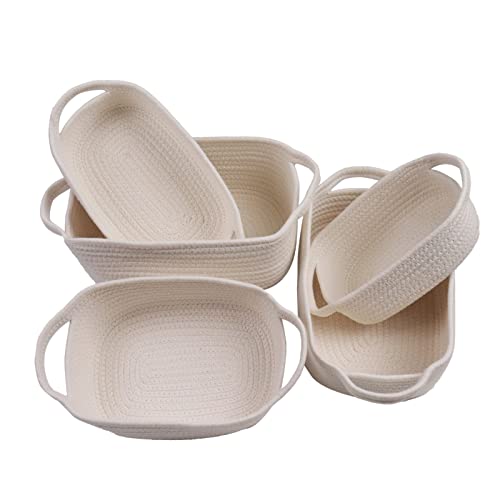 STELLABERRY Woven Baskets for Storage Rectangle Set with Handles 5 Piece Storage Basket Organizer Natural Cotton Rope Woven Baskets for Pet Supplies Children's Toys Home Decoration (White)