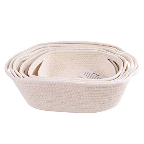 STELLABERRY Woven Baskets for Storage Rectangle Set with Handles 5 Piece Storage Basket Organizer Natural Cotton Rope Woven Baskets for Pet Supplies Children's Toys Home Decoration (White)