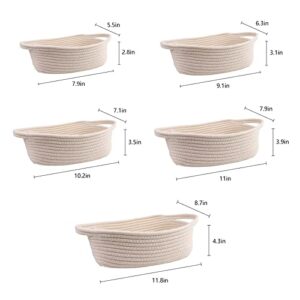 STELLABERRY Woven Baskets for Storage Rectangle Set with Handles 5 Piece Storage Basket Organizer Natural Cotton Rope Woven Baskets for Pet Supplies Children's Toys Home Decoration (White)