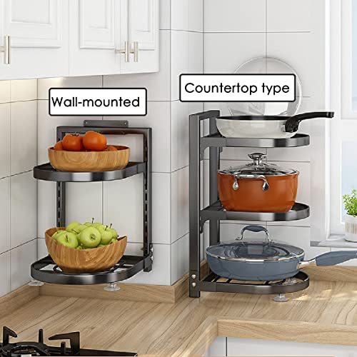 Pot and Pan Rack Organizer Holder，Heavy Duty Adjustable Standing Pan & Pot Racks，Wall Mounted Kitchen Cookware Rack For Pot Storage Under Kitchen Counters, Cabinets, Sink Cabinets （4-Tier，Black）