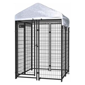olympia tools 4x4x6 dog kennel - outdoor dog kennel small with uv protection waterproof cover, welded wire dog kennels - ideal for dog, pet cage, yard wire fence, patio crates, black (90-542)
