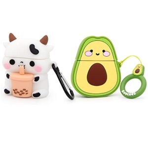 mouzor 2 pack cute avocado airpods case, boba tea cow airpods 2 case, funny 3d cartoon soft silicone full protection charging cases cover with carabiner for airpods 1st generation, 2nd generation