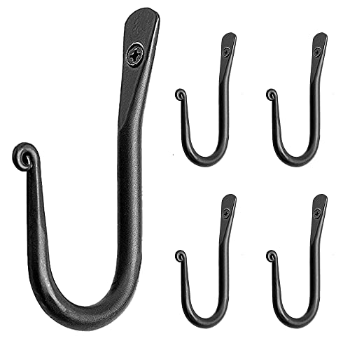 HB Wrought Iron Coat Hooks ~ Set of 5 Decorative Black Wall Mounted Rustic ~ Blacksmith Handmade Rust Proof Single J Hook for Hanging Robes, Hats, Clothes, Bags, Backpacks, Towels