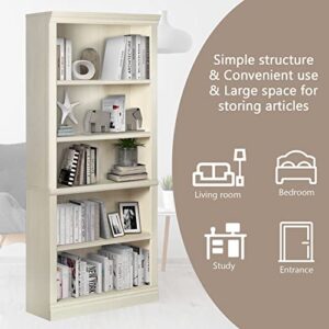 LYNSLIM Wooden Bookcase, 5-Shelf Free Standing Bookcase for Home Office Living Room Open Display Organizer Storage Bookshelf, Oak Finish Decor Furniture (2 PCS Antique White)