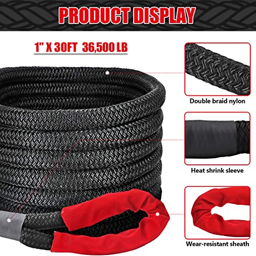 HEMDRE 1" x 30' Kinetic Recovery Tow Rope (36,500lbs), with 2 D Ring Shackles (41,500lbs), Tow Rope for Truck Heavy Duty, Offroad Recovery Kit for 4WD Pick Up Truck, SUV, ATV, UTV (Black)