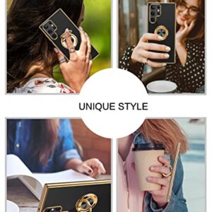 BENTOBEN Samsung S22 Ultra Case, 360° Ring Holder Kickstand Support Car Mount Elegant Plating Edge Slim Shockproof Soft TPU Protective Phone Cover for Samsung Galaxy S22 Ultra 6.8" 2022, Black/Gold