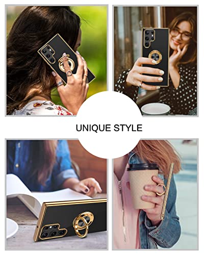 BENTOBEN Samsung S22 Ultra Case, 360° Ring Holder Kickstand Support Car Mount Elegant Plating Edge Slim Shockproof Soft TPU Protective Phone Cover for Samsung Galaxy S22 Ultra 6.8" 2022, Black/Gold