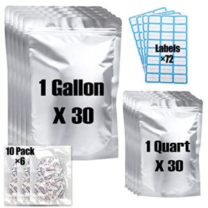 gogooda mylar bags for food storage with oxygen absorbers 60 pack resealable bags 2 size gallon quart stand up mylar bags with labels, 10x14"/30 pack, 7x10"/30 pack